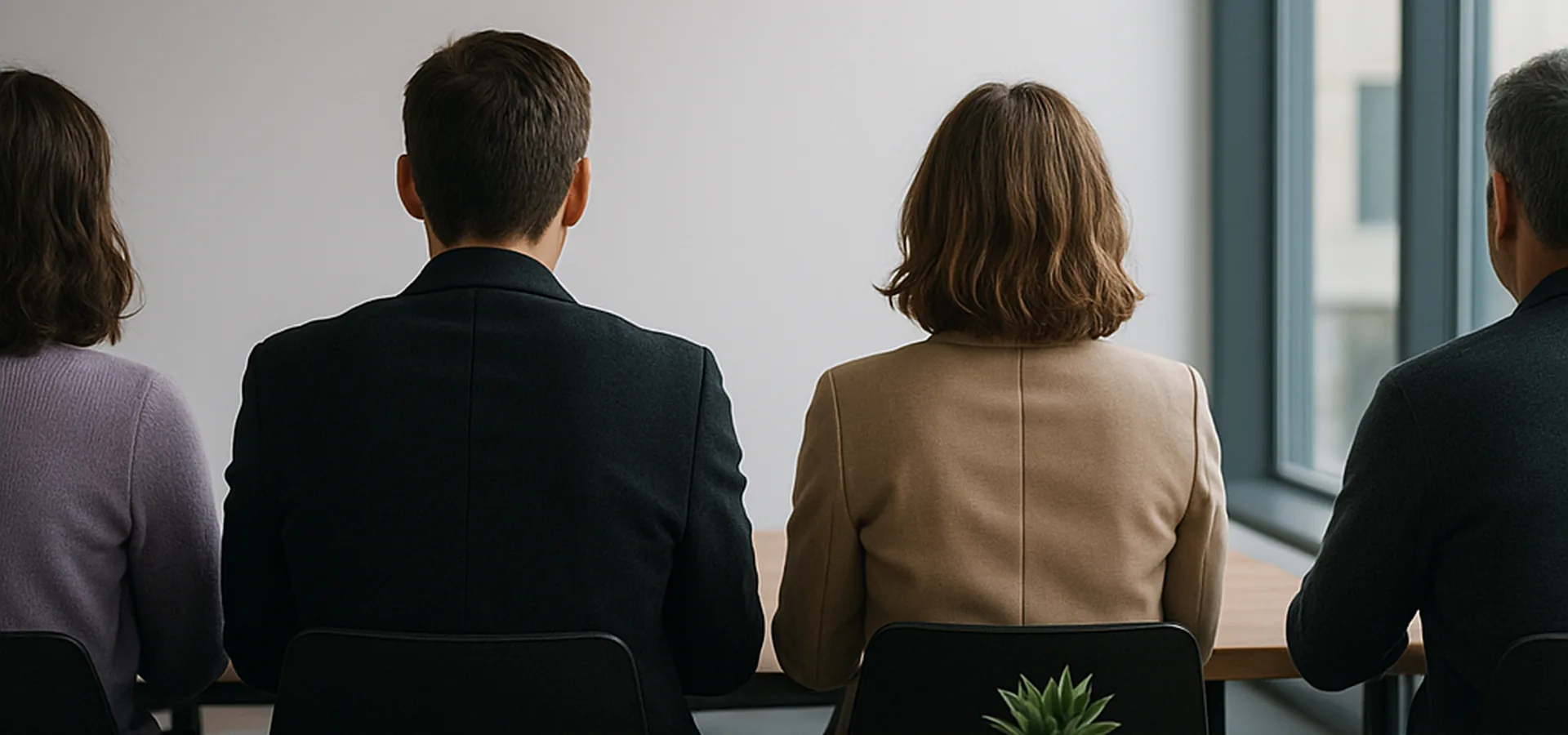 Colleagues sitting around a meeting table in a bright office, seen from behind