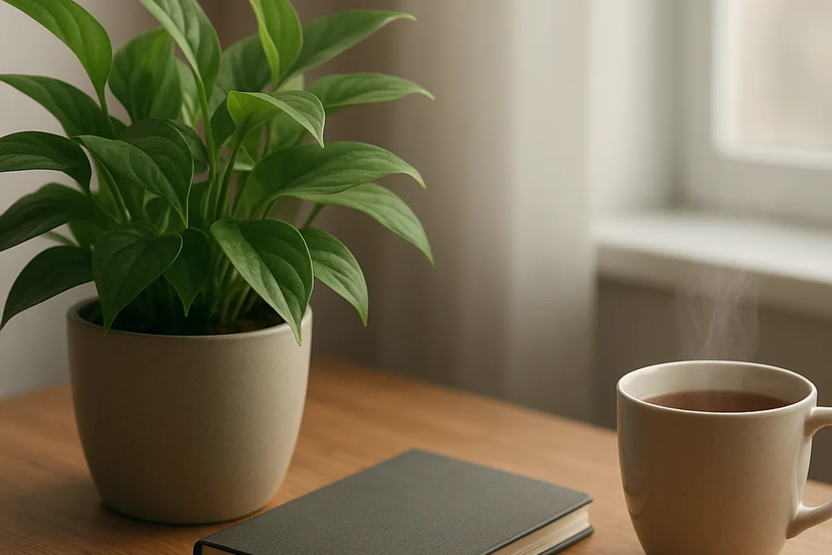 Potted plant on a desk by a window in a calm workspace