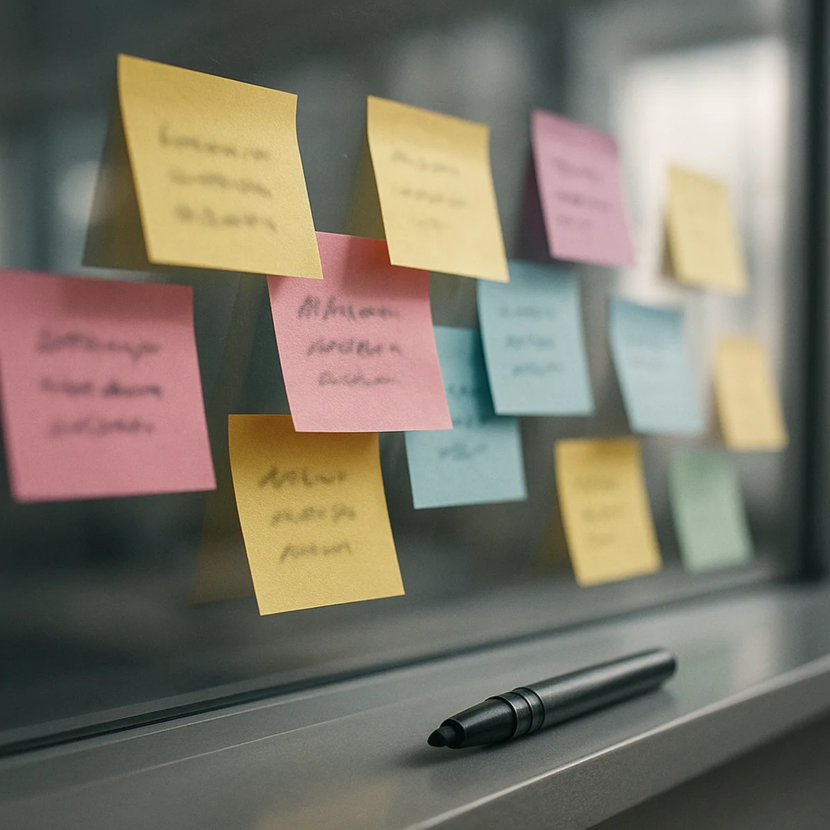 Sticky notes arranged on a glass wall during a team workshop